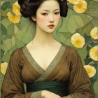 Pale Woman with Black Hair in Vintage Dress Surrounded by Bees