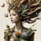 Regal woman in golden headgear and elegant gown