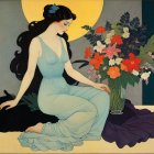 Serene Woman in Light Blue Dress with Colorful Vase
