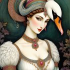 Vintage Porcelain Doll with Gold Headpiece and Turquoise Dress