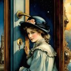 Vintage Woman Crouching by Ornate Door with Keyhole