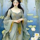 Tranquil woman in flowing gown surrounded by water lilies and holding a paintbrush