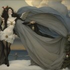 Young Woman in Dark Gown with Red Cape and Kittens