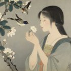 Fair-skinned woman with birds in dreamlike watercolor scene