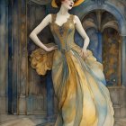 Art Nouveau Illustration of Woman in Golden Gown