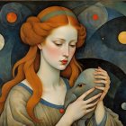 Red-headed woman with cat in abstract moonlit scene