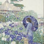 Woman with blue umbrella by tranquil river in rain