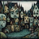 Surreal Landscape with Abstract Houses and Faces