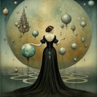 Figure in Black Gown with Sphere Under Ethereal Moon