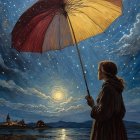 Woman with umbrella by sea under starry sky at sunrise/sunset