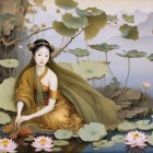 Ethereal Woman by Tranquil Pool in Vibrant Attire