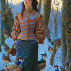 Woman in Orange and Black Dress by Water Lilies and Flamingos