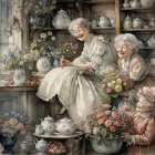 Elderly Women Enjoying a Colorful Garden Setting