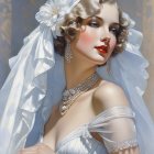 Woman with Ornate Headdress and Jewels on Dark Blue Background
