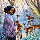 Elegantly Dressed Woman Feeding Deer at Sunset
