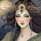 Illustrated Portrait of Woman with Dark Hair and Flowers