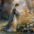 Serene figure in white dress with harp in landscape