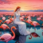 Woman in blue dress by tranquil lake with flamingos