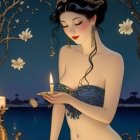 Woman with dark hair in serene natural setting