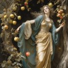 Mystical woman in flowing garments by tree with cup and autumn leaves
