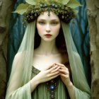Woman in Sheer Veil Surrounded by Autumn Trees