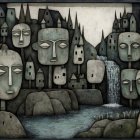 Surreal Landscape with Ethereal Women's Faces and Lotus