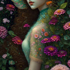 Stylized portrait of a woman with auburn hair and purple attire