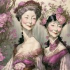 Elegant Women in Floral Crowns with Cherry Blossoms
