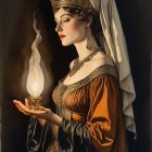 Historically dressed woman holding a glowing candle in dark setting