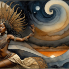 Serene Woman Surrounded by Moons and Clouds