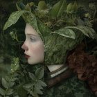 Serene woman in green turban with birds and foliage