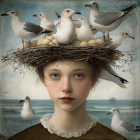 Young Woman with Floral Crown and Dove in Landscape