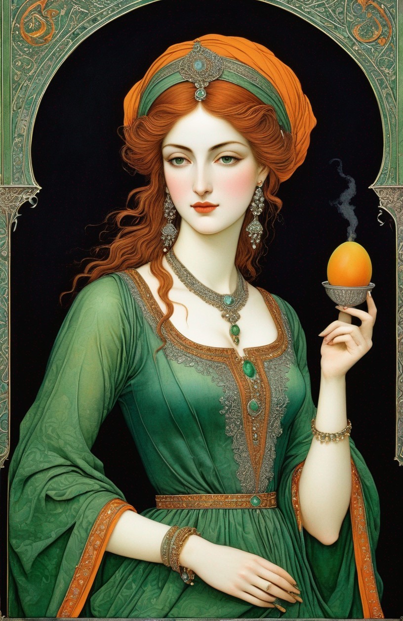Illustration of a woman in ornate dress with borders