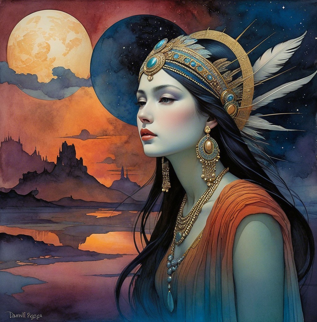 Serene Woman in Golden Crown Against Twilight Sky