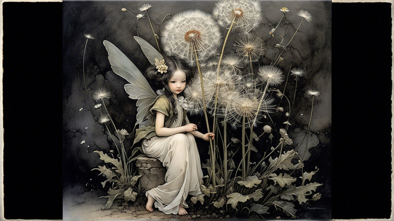 Whimsical Fairy Surrounded by Giant Dandelions