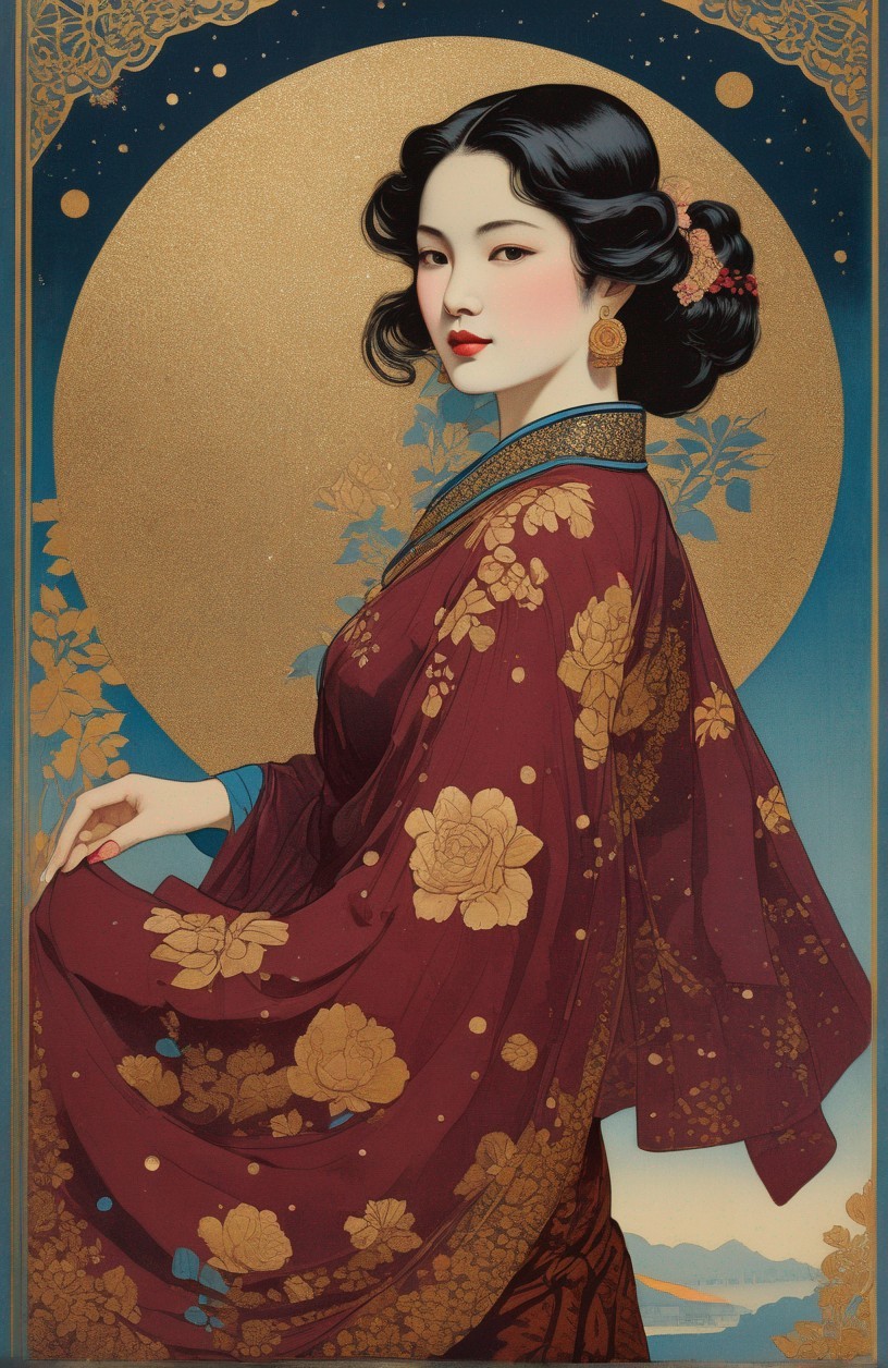 Serene portrait of a woman in red floral kimono