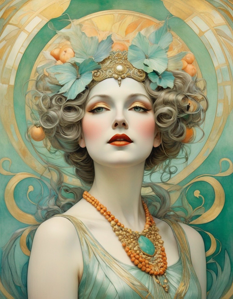 Art Nouveau Style Portrait of Woman with Elaborate Headgear and Beaded Necklace