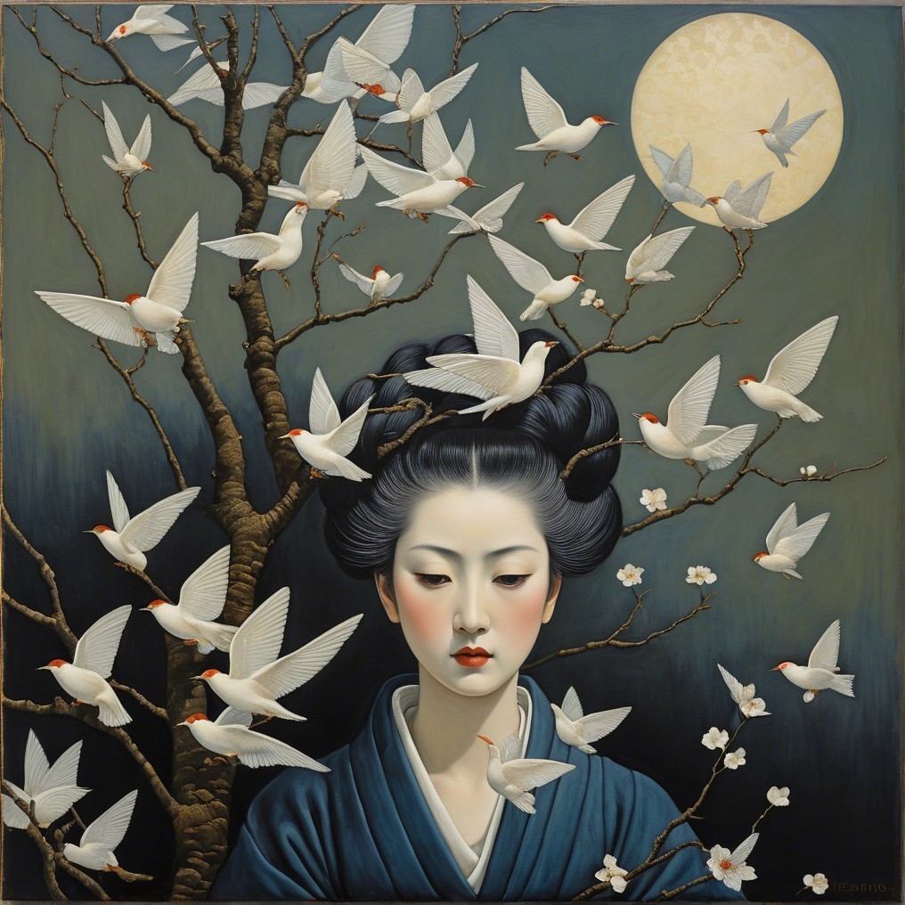 Serene Woman in Traditional Attire Among Cherry Blossoms