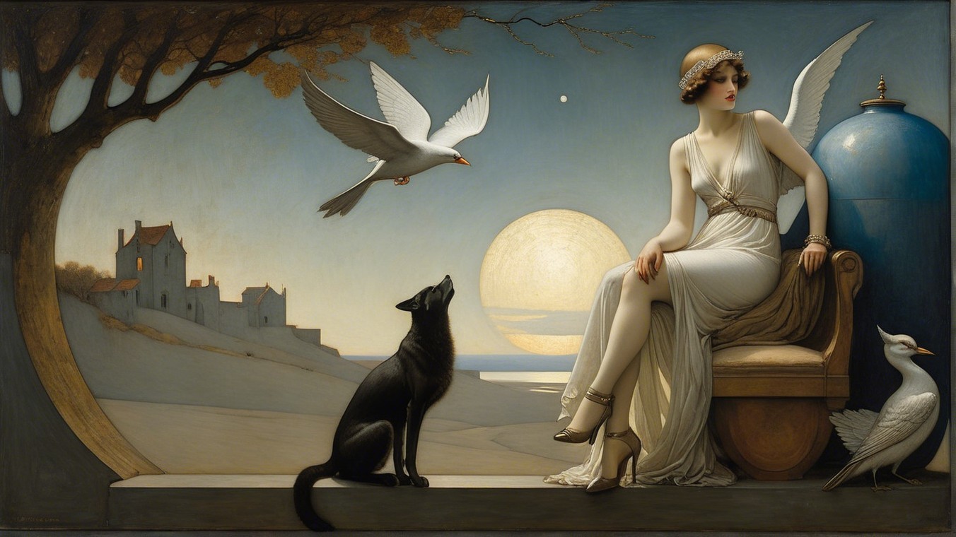 Serene figure on throne in moonlit landscape scene