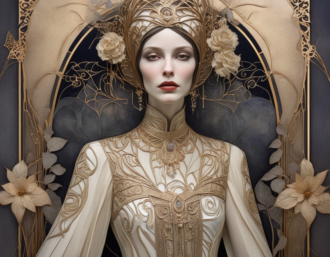 Art Nouveau Costume with Floral Motifs and Headdress
