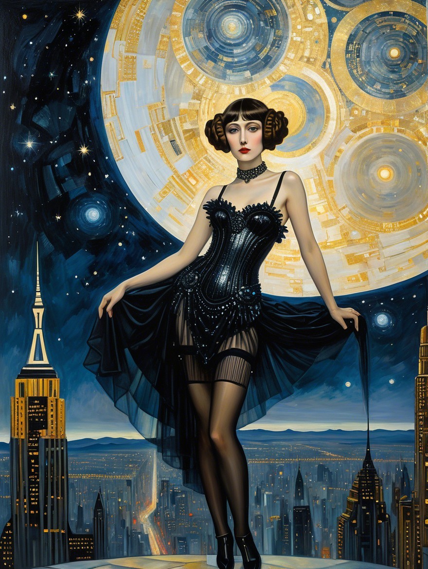 Glamorous Woman in Black Corset Against Cosmic Skyline