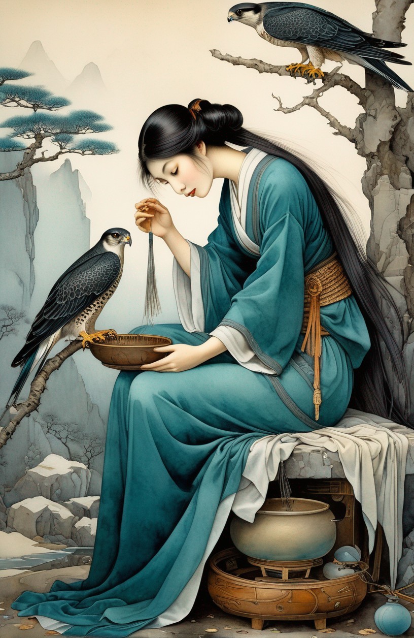 Elegant Woman Feeding Hawk in Misty Mountains