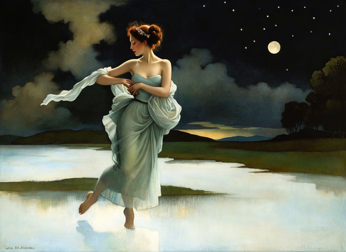 Graceful Figure in Serene Moonlit Landscape