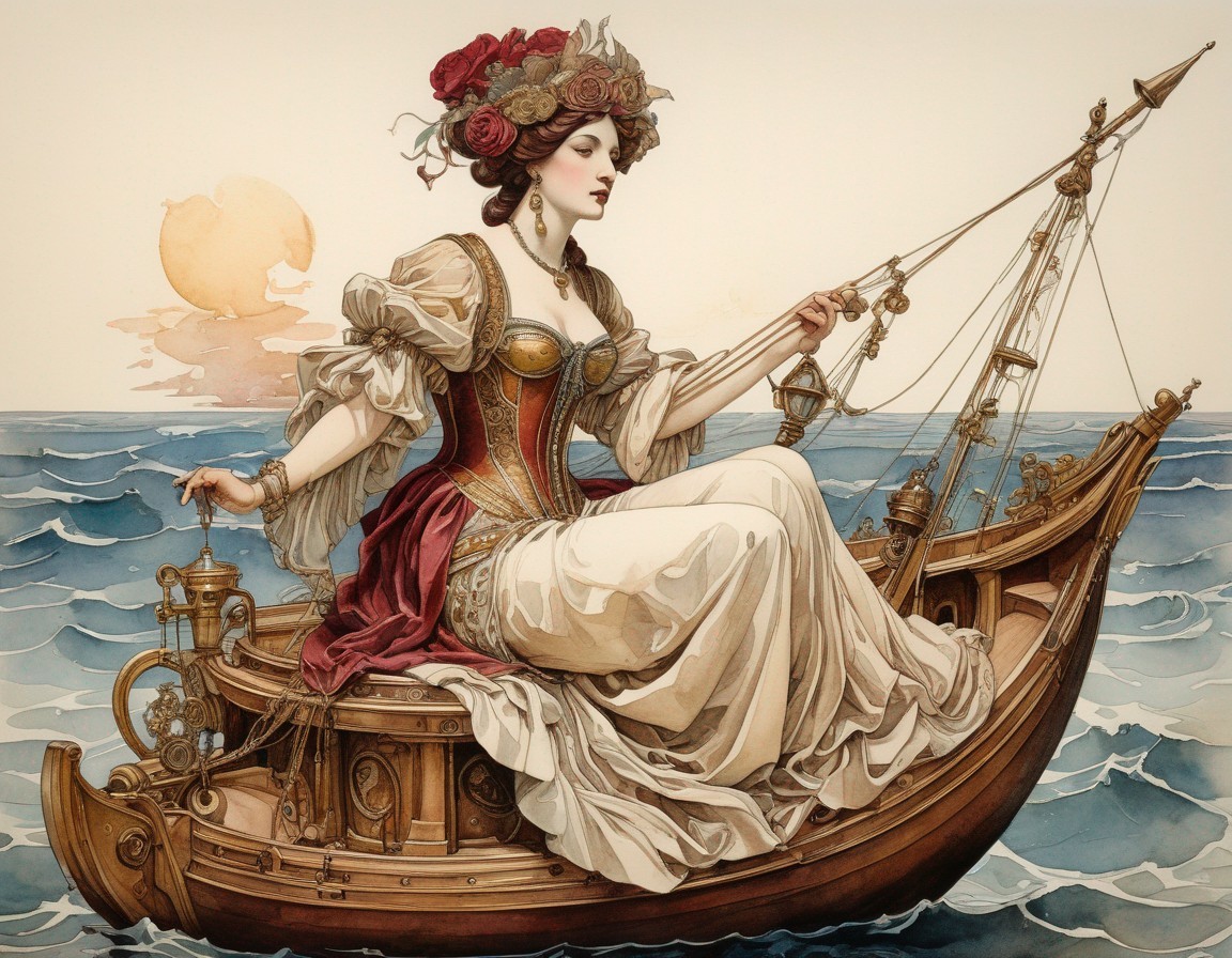 Elegant woman in historical attire on boat at sea with sunset