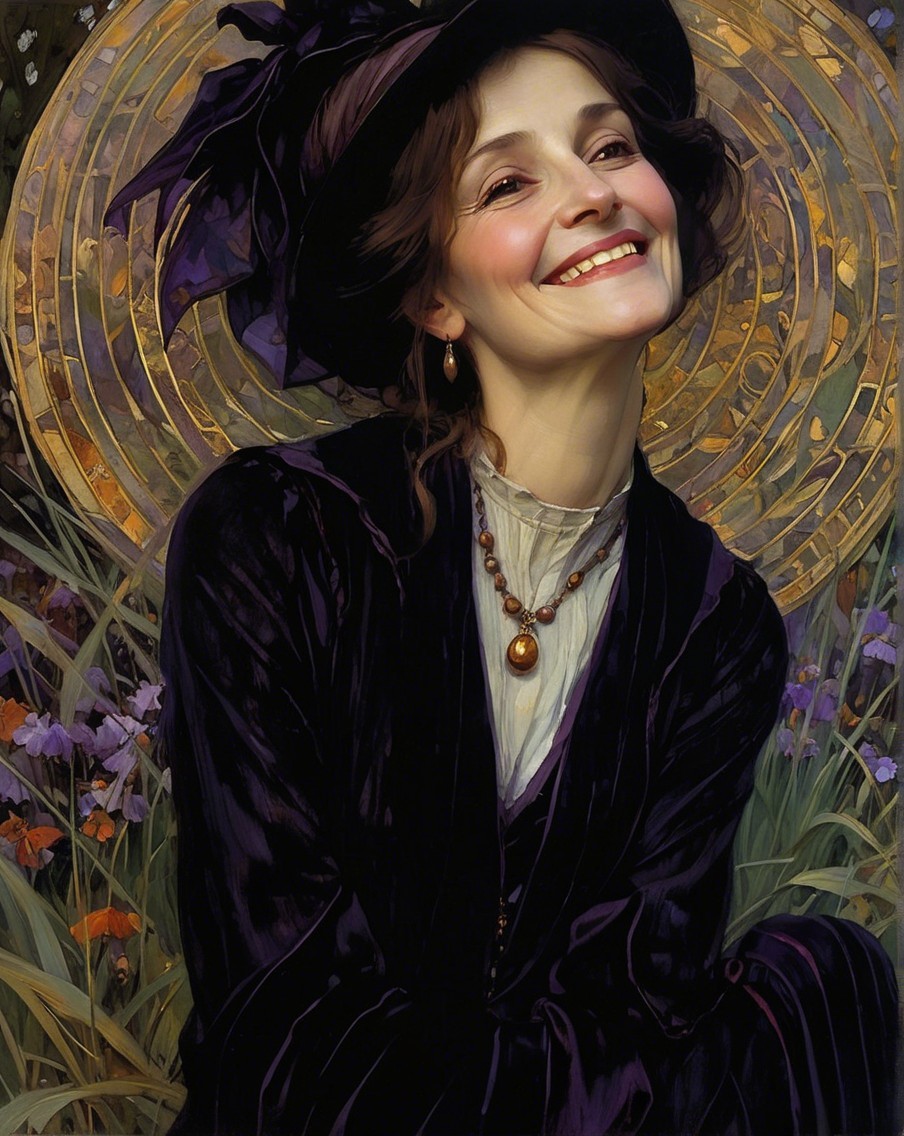 Elegant Woman in Purple Hat Amidst Flowers