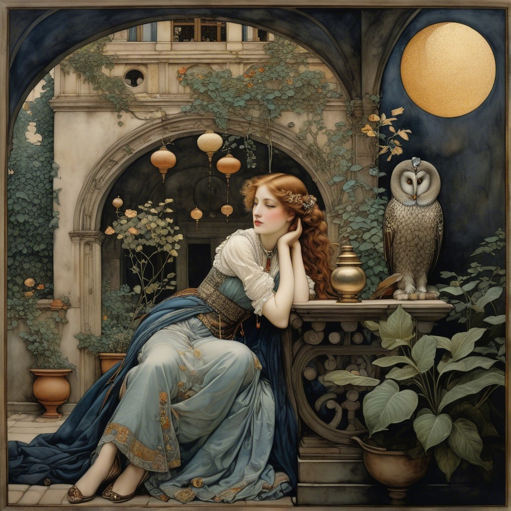 Serene Woman in Blue Gown by Courtyard Balustrade