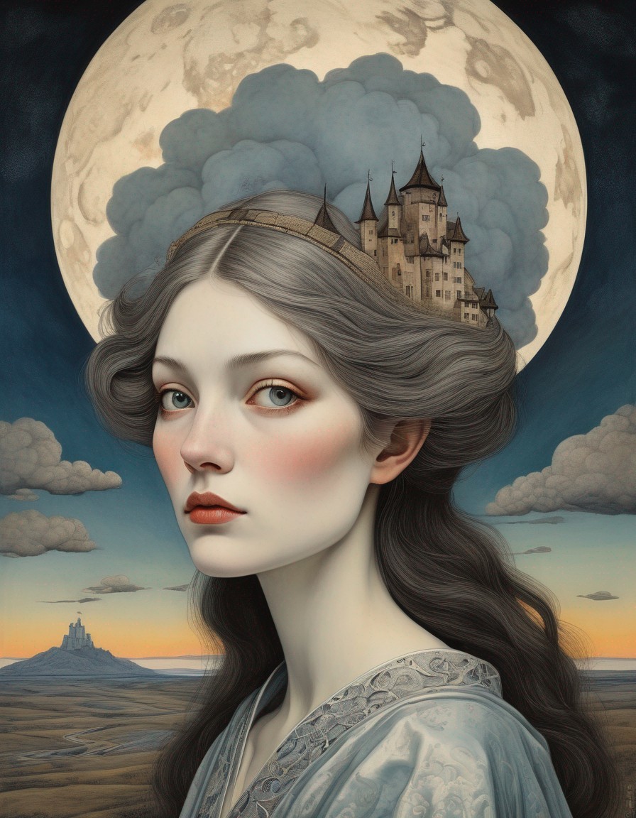 Woman with Long Hair and Castle Under Moonlit Sky