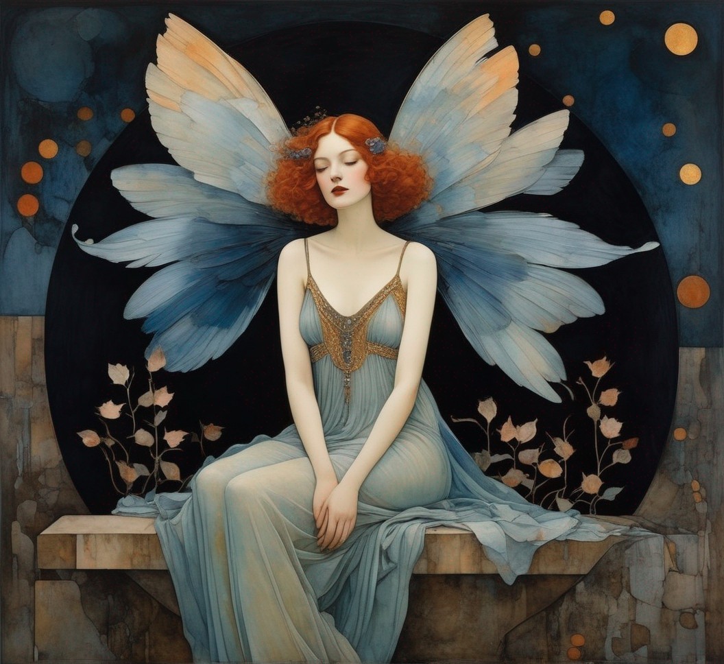 Serene Woman with Red Hair and Butterfly Wings