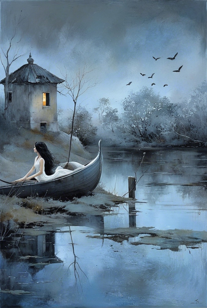 Twilight Scene of a Woman in a Boat on a River