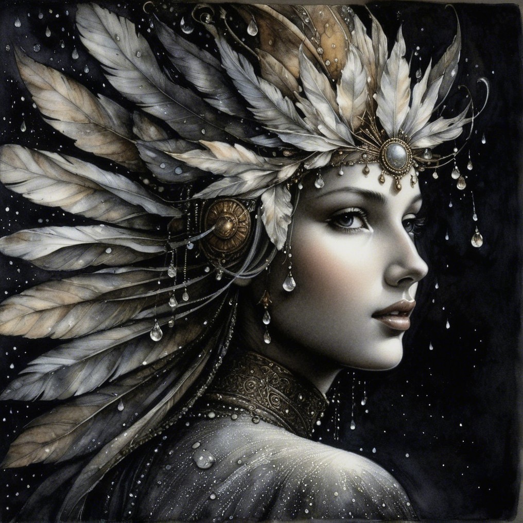 Serene Female Figure with Feathered Headdress and Jewelry
